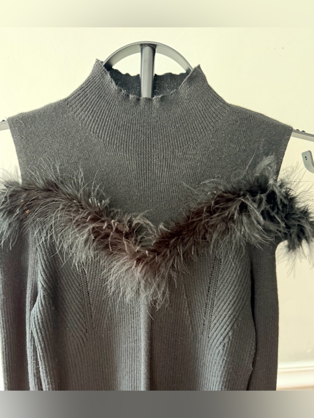 Queenia Black Feather Trim Cold Shoulder Sweater Top NWT Mock Neck Grunge Glam - Picture 3 of 8